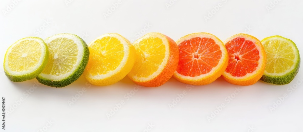 Poster Assorted citrus fruit slices arranged in a row with bright colors and copy space for text on a white background