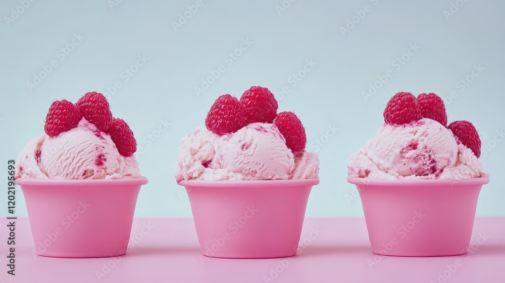 Poster pink ice cream scoops with raspberries in pink cups on pastel background with copy space