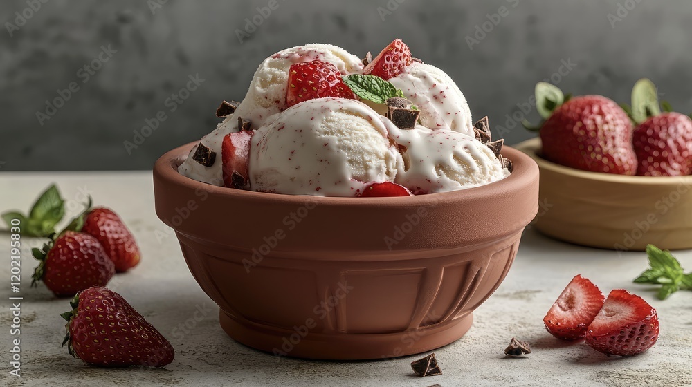 Poster ice cream bowl with strawberries and chocolate pieces on a textured surface with fresh berries arran