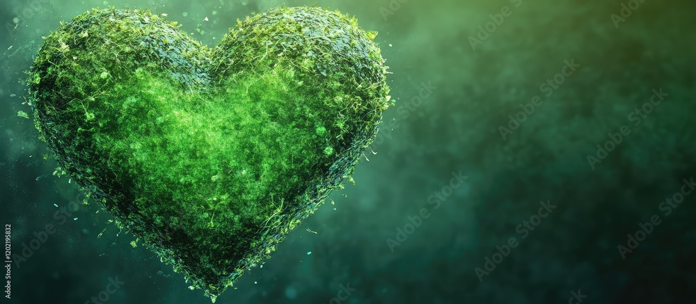 Poster green heart shape made of plant leaves and grass with a natural background and copy space for text.