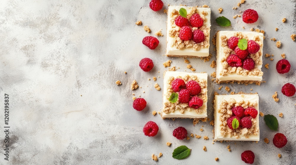 Poster raspberry cheesecake squares arranged on a gray background with granola crumbs and fresh raspberries