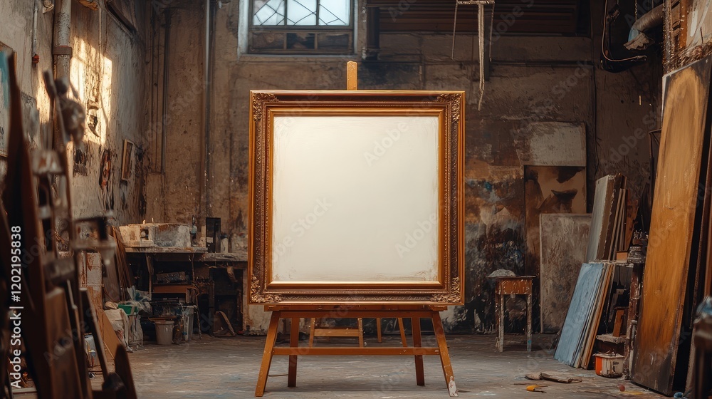 Poster empty wooden picture frame on an easel in an artist's studio with various supplies and clutter in th