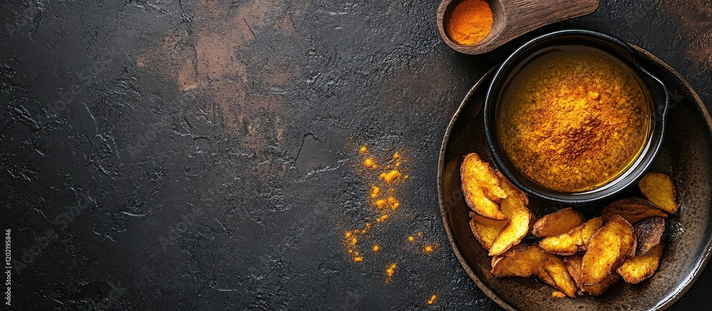 Aufkleber bowl of spicy soup with golden fried plantains on dark textured background with copy space for text 