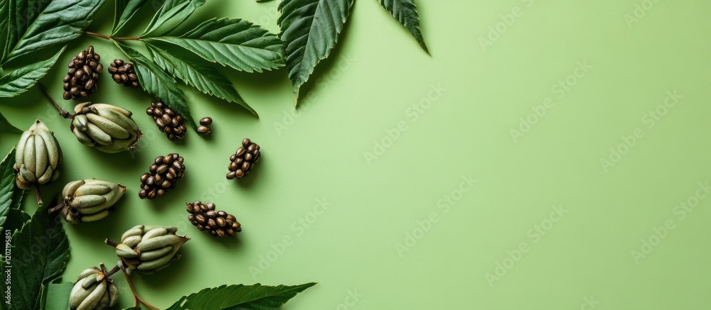 Poster Green background with assorted leaves and seeds arranged artistically on the surface with Copy Space for design purposes
