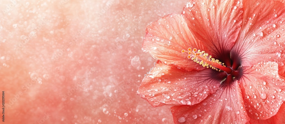 Poster hibiscus flower with water droplets on soft pink background with copy space for text