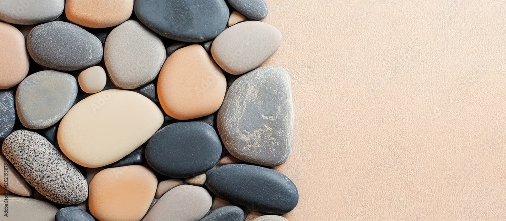 Poster pebble stone texture background in various colors on a neutral surface with copy space for text or d