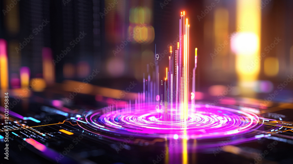 Poster vibrant digital visualization of data analytics, showcasing colorful bars representing statistics and trends in futuristic setting