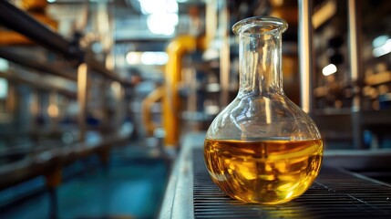 Laboratory flask with yellow liquid on metal surface in industrial setting with blurred machinery in background Copy Space