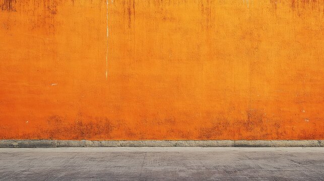 Bright textured orange wall with concrete floor and ample copy space for text placement.