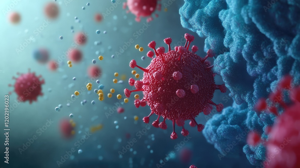 Poster microscopic view of virus particles and surrounding cells with copy space for scientific illustratio