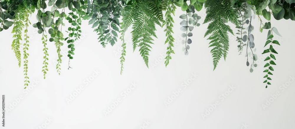 Aufkleber lush green hanging ferns and foliage against a plain white background with ample copy space for text