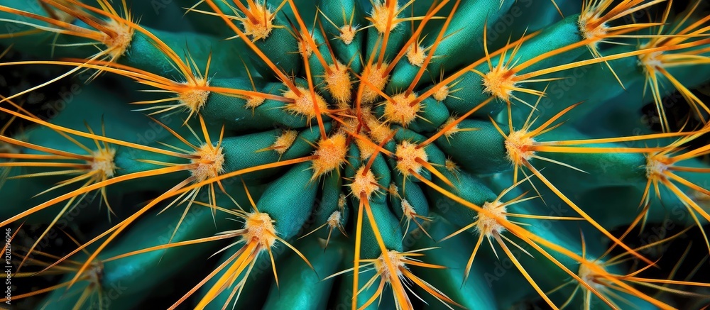 Poster close-up view of a cactus with vibrant green body and striking orange spines on a dark background co