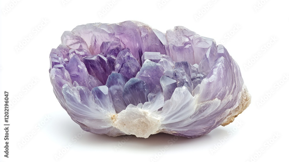 Poster amethyst crystal cluster on white background with copy space for text placement