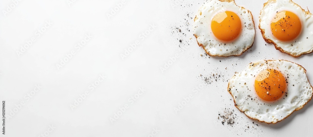 Poster fried eggs on a white plate with seasoning and copy space for text placement