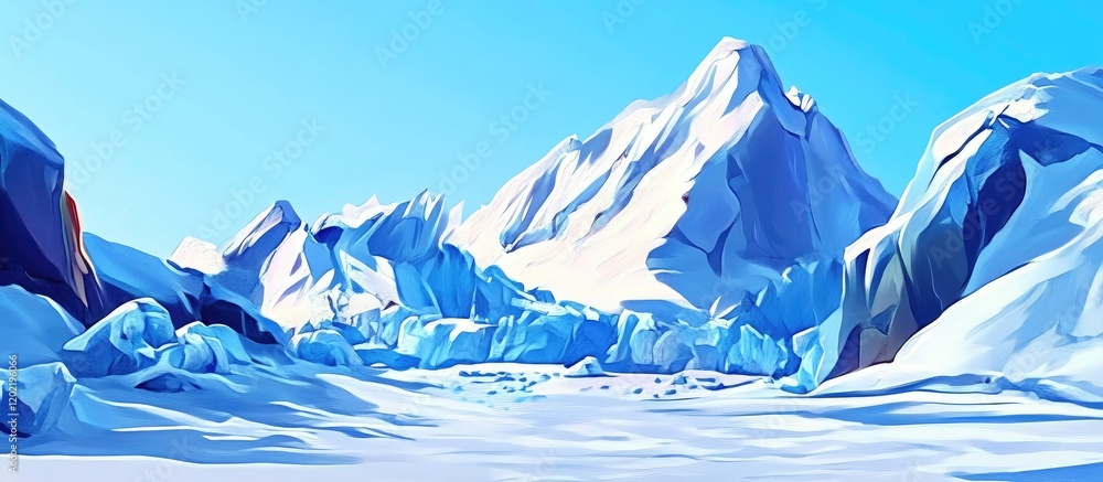 Poster snowy mountain landscape with ice formations and a clear blue sky suitable for textured backgrounds 
