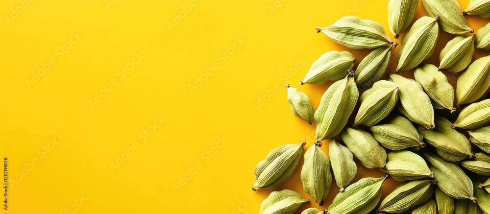Poster Green cardamom pods on a bright yellow background with ample copy space for text placement
