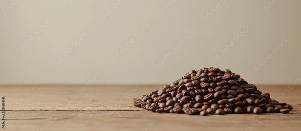 Poster Coffee beans mound on wooden table with neutral background and ample copy space for text placement.
