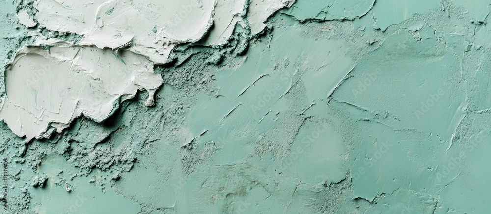 Poster textured abstract surface with green and white plaster, featuring subtle grooves and uneven layers, 