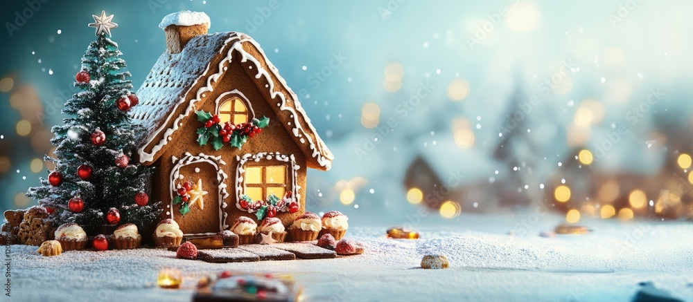 Aufkleber gingerbread house decorated for christmas with snowy tree and festive background featuring bokeh lig