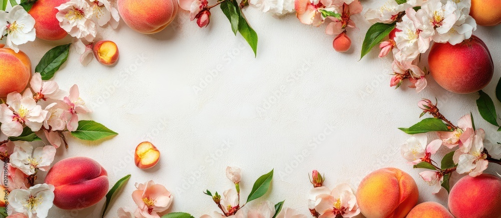 Aufkleber peach fruits and blossoms arranged on light background with copy space for text or design elements