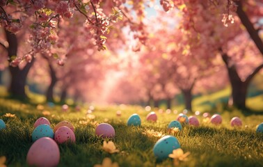 Colorful Easter eggs scattered under cherry blossom trees in a vibrant spring setting