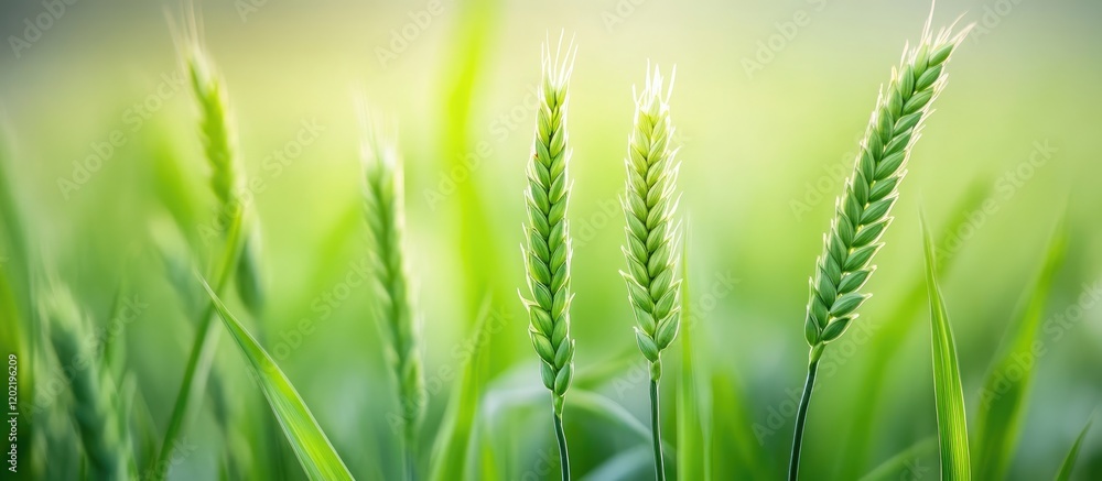Poster green wheat stalks in a field with blurred background and gentle light copy space