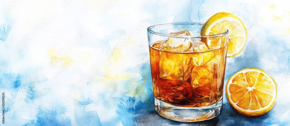 Aufkleber whiskey glass with ice and lemon slice on blue abstract background with copy space