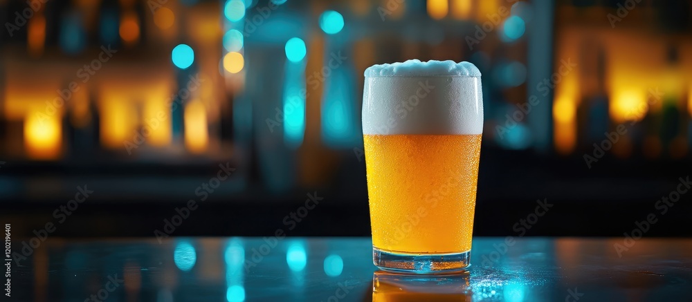 Poster Cold beer with frothy head in a glass on a reflective surface with blurred illuminated bar background Copy Space