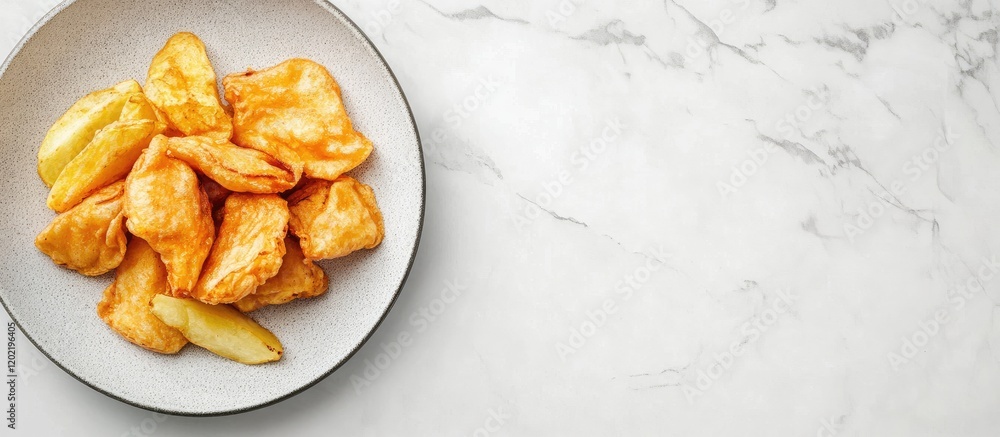 Poster fried dough pastries served on a white plate against a marble background with copy space for text pl