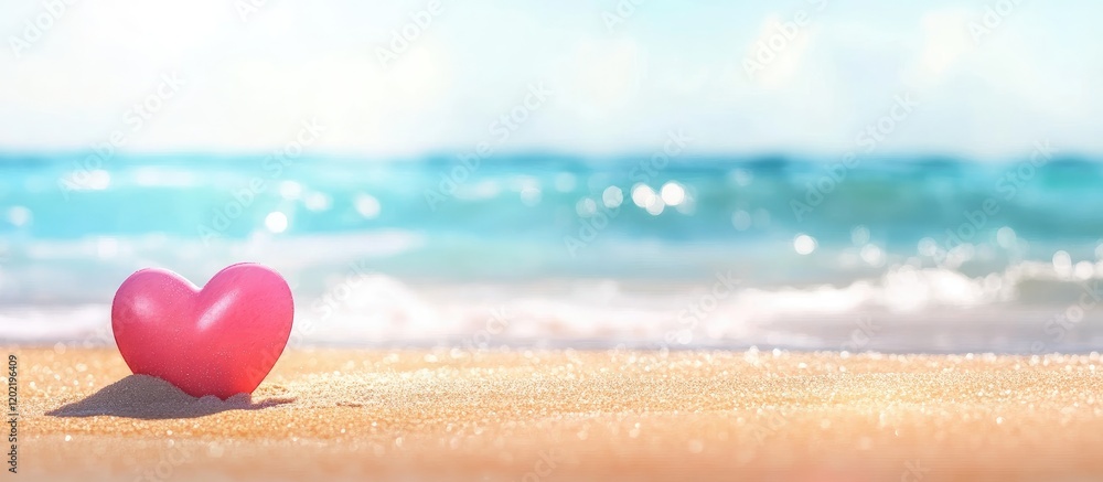 Poster pink heart-shaped object on sandy beach with ocean waves in background and clear blue sky copy space