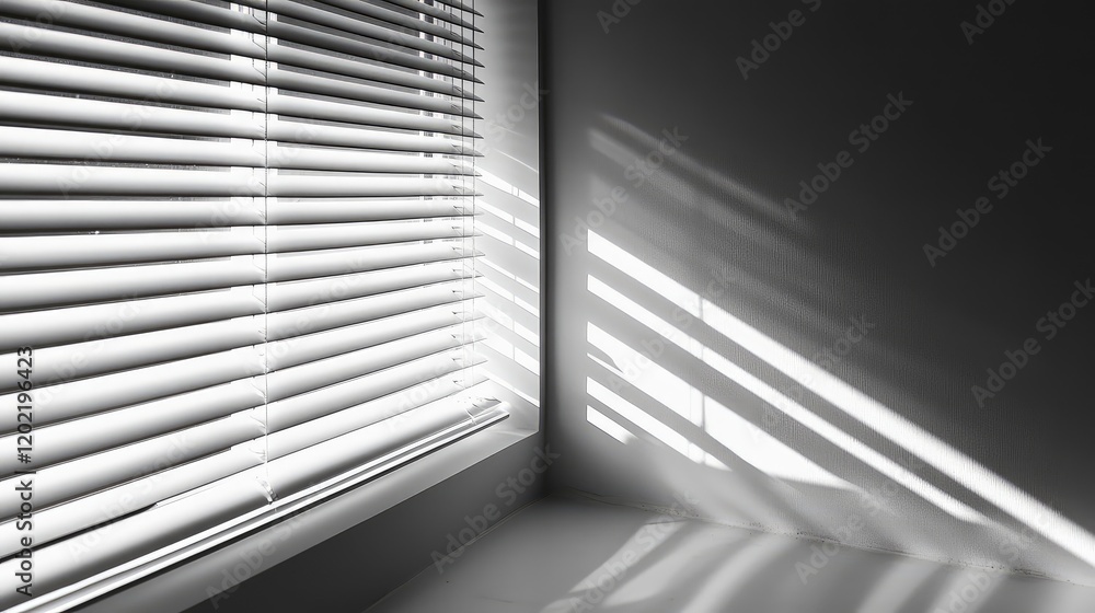 Poster light and shadow patterns created by window blinds in a corner of a room copy space