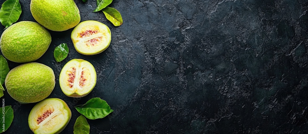 Poster fresh green guavas cut in half with leaves on a textured dark background and ample copy space for te