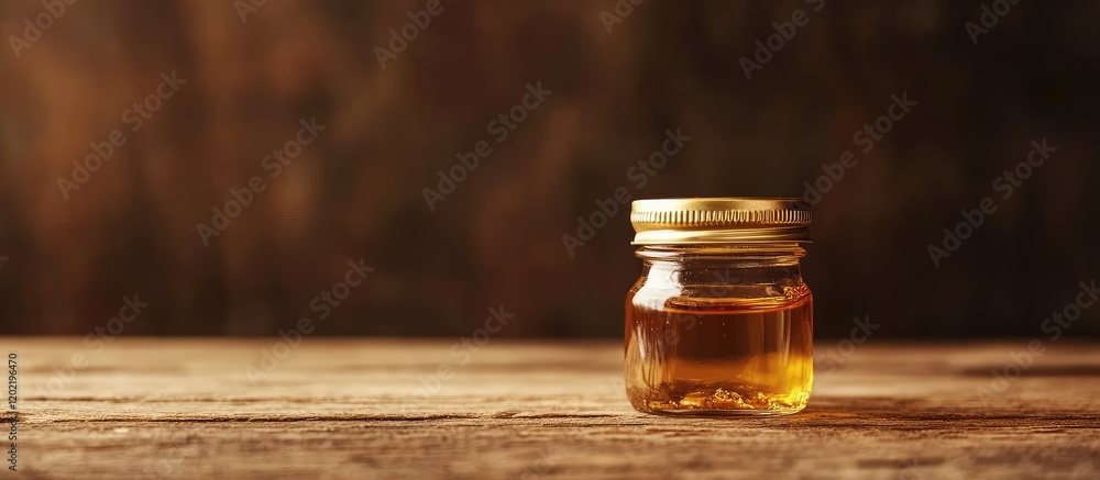 Poster glass jar of honey on wooden table with dark textured background copy space