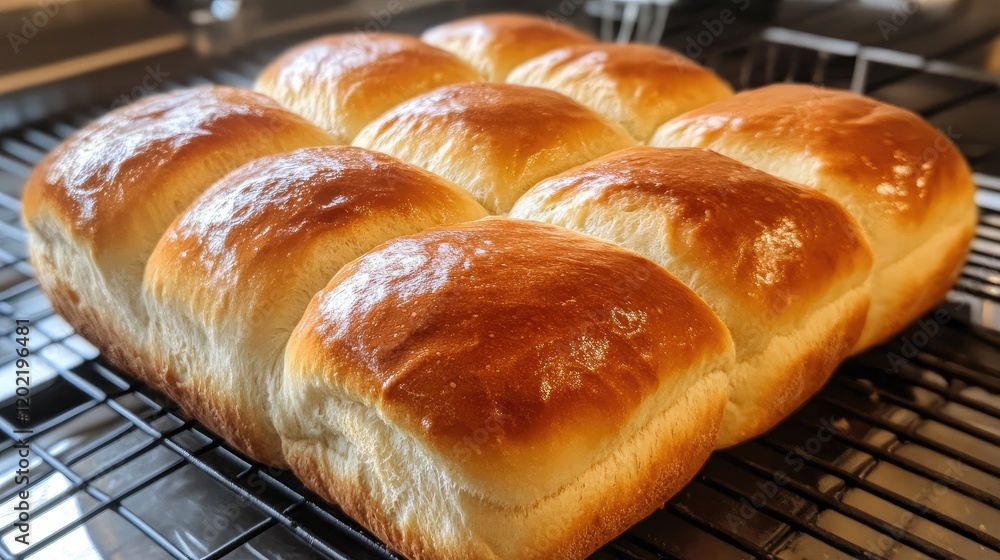 Poster freshly baked dinner rolls arranged neatly on a cooling rack with golden brown tops and soft texture