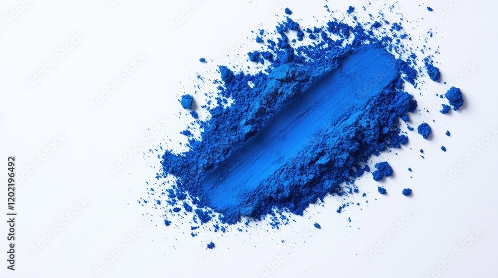 Poster vibrant blue pigment powder spread across a white background with copy space for text placement