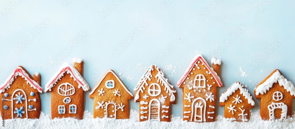 Poster gingerbread houses decorated with icing and candy on a light blue background with copy space for tex