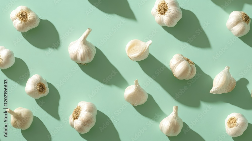 Poster garlic cloves and bulbs arranged on a mint green background with shadows and copy space for text pla