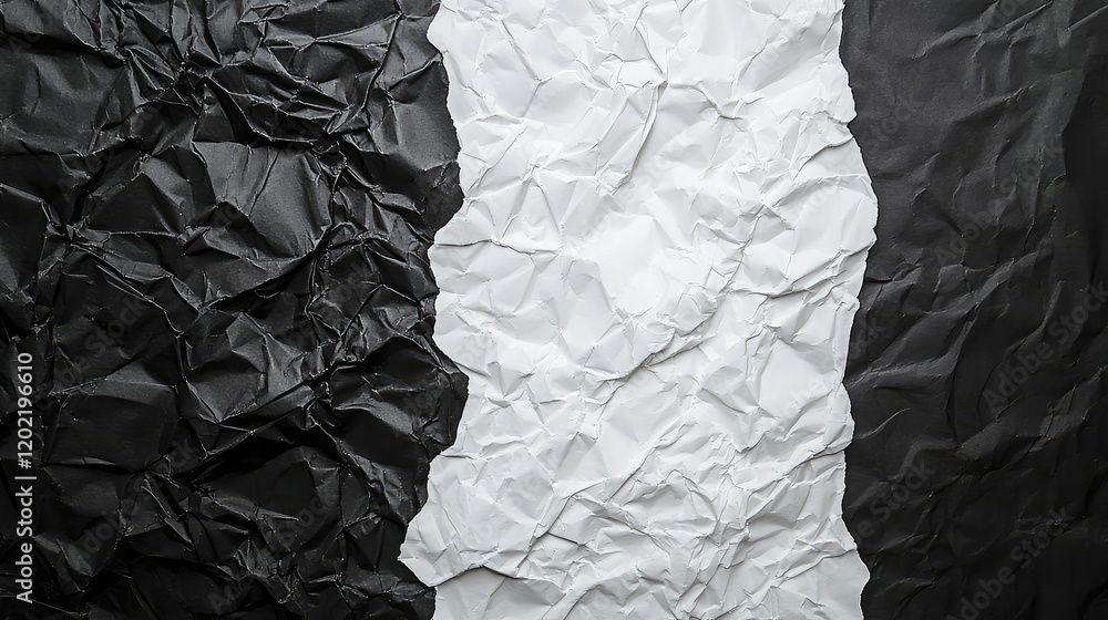 Poster crumpled black and white paper texture background with contrasting colors and copy space for text pl