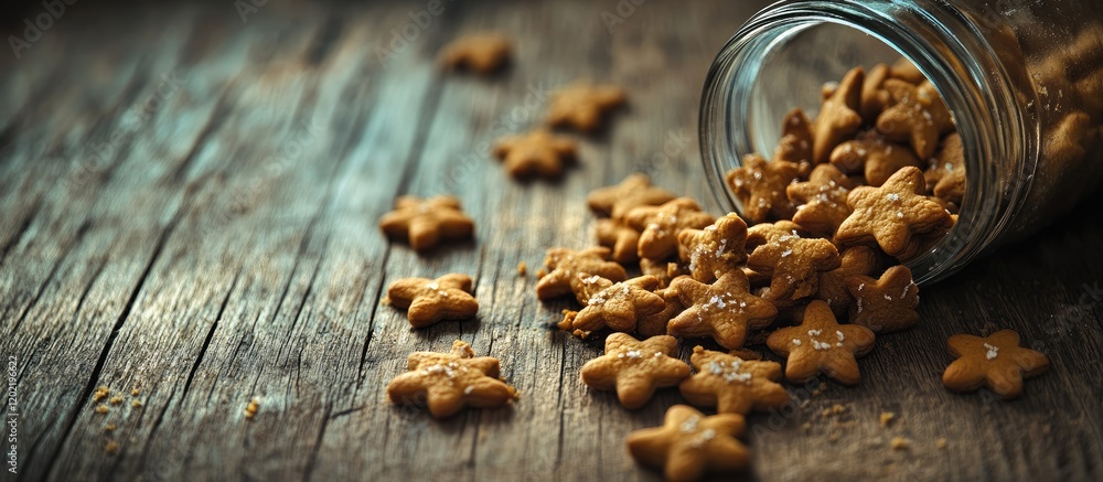 Poster gingerbread cookies spilling from a glass jar onto a rustic wooden table with copy space for text