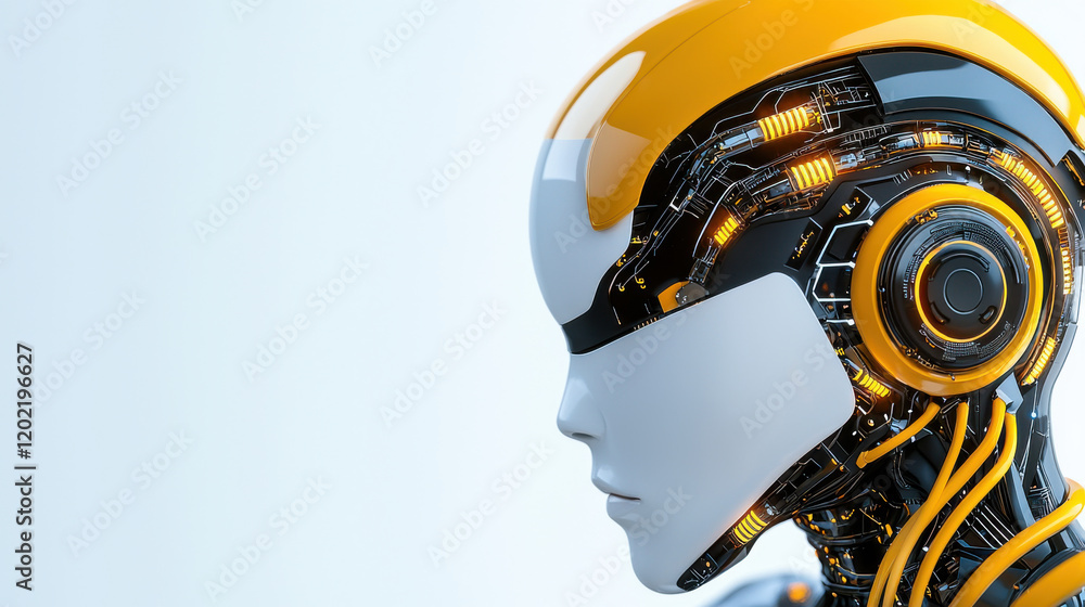 Poster futuristic AI robot with intricate details and sleek design, featuring glossy white surface and vibrant yellow accents. robot head showcases advanced technology and circuitry