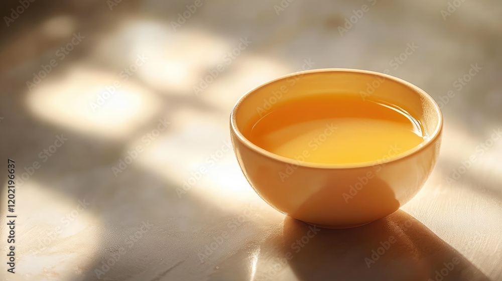 Aufkleber bowl of yellow liquid on a reflective surface with natural light creating soft shadows and ample cop