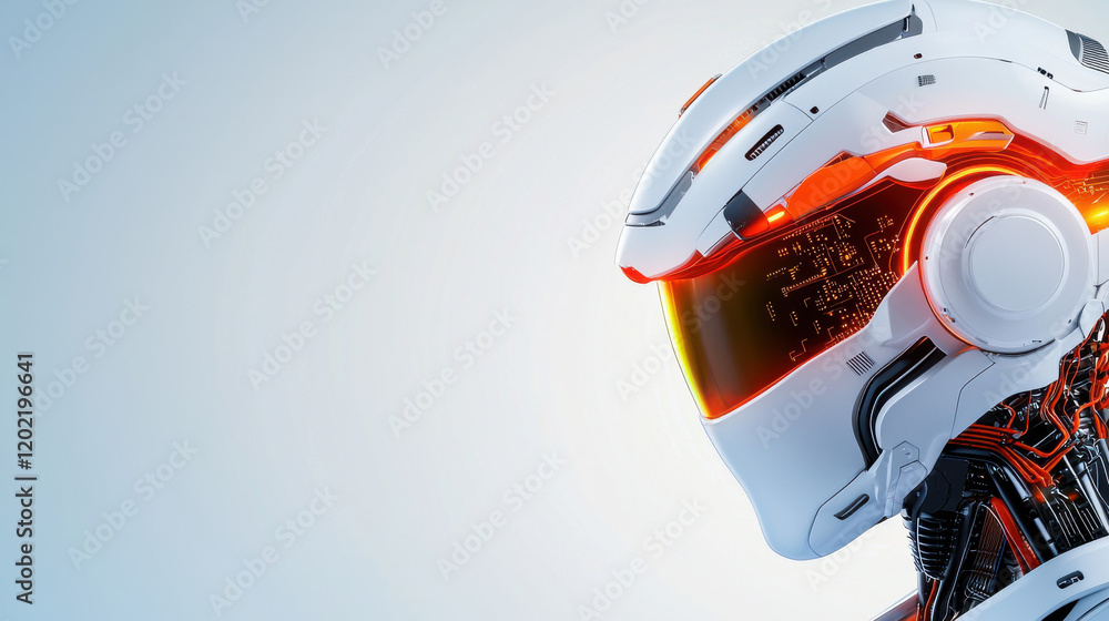 Poster futuristic ai robot with intricate details and sleek design, featuring glowing visor and advanced ci