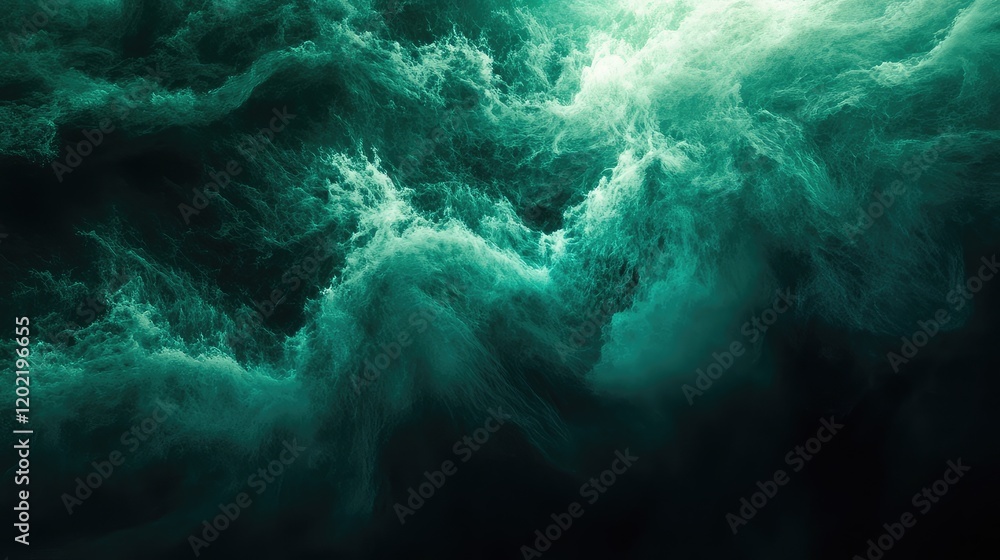 Poster dark turbulent sea waves with green tones and copy space for text addition