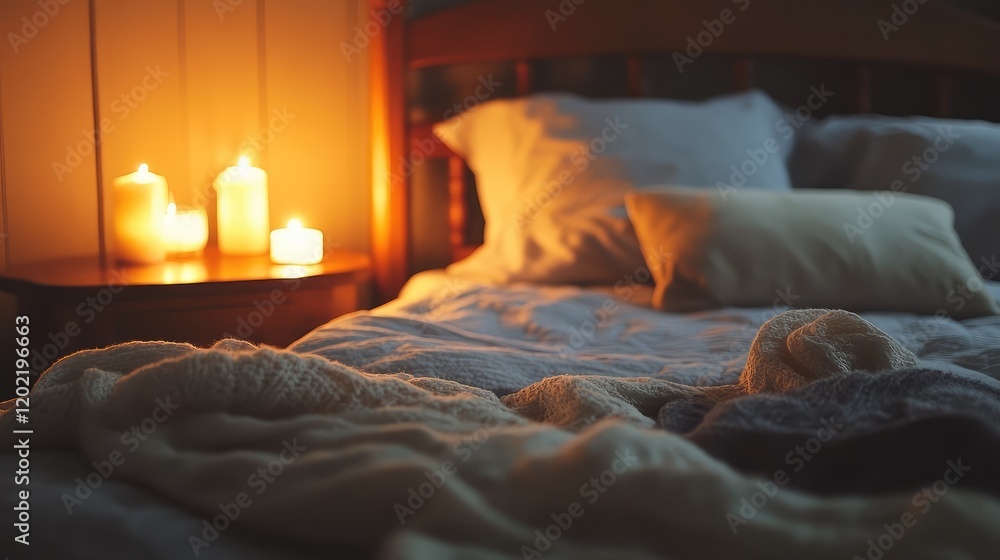 Poster cozy bedroom scene with soft bedding and lit candles creating warm ambiance copy space