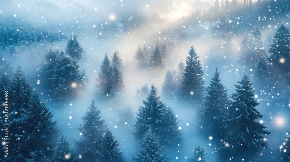 Poster snowy winter landscape with evergreen trees in a forest during snowfall and fog with soft light copy