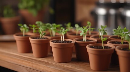 Fototapeta premium Young plant seedlings growing in small terracotta pots on a wooden surface with blurred background and copy space for text.