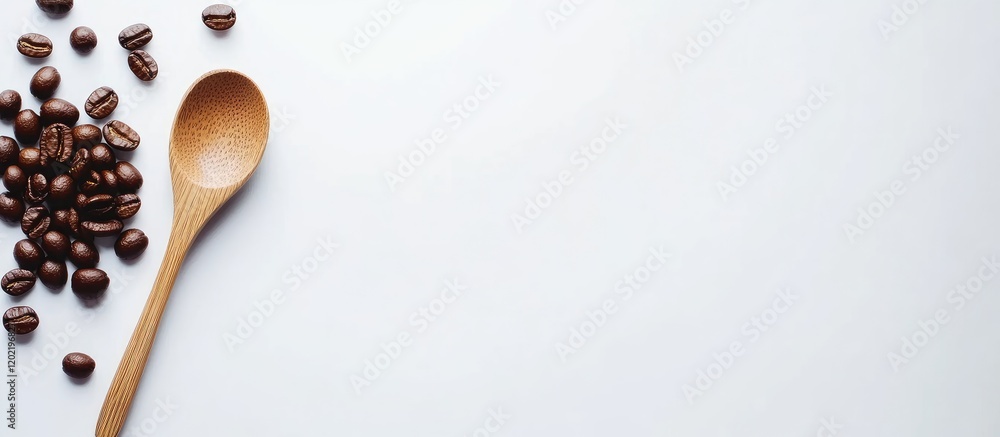 Poster wooden spoon beside coffee beans on a white background with copy space for text placement