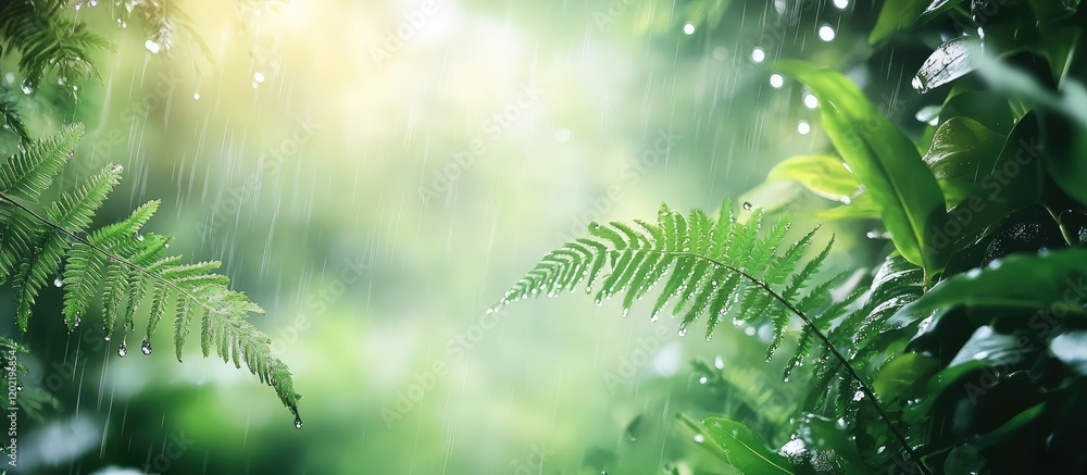 Poster Lush green foliage with rain droplets in a dense forest background featuring soft bokeh and Copy Space for text placement