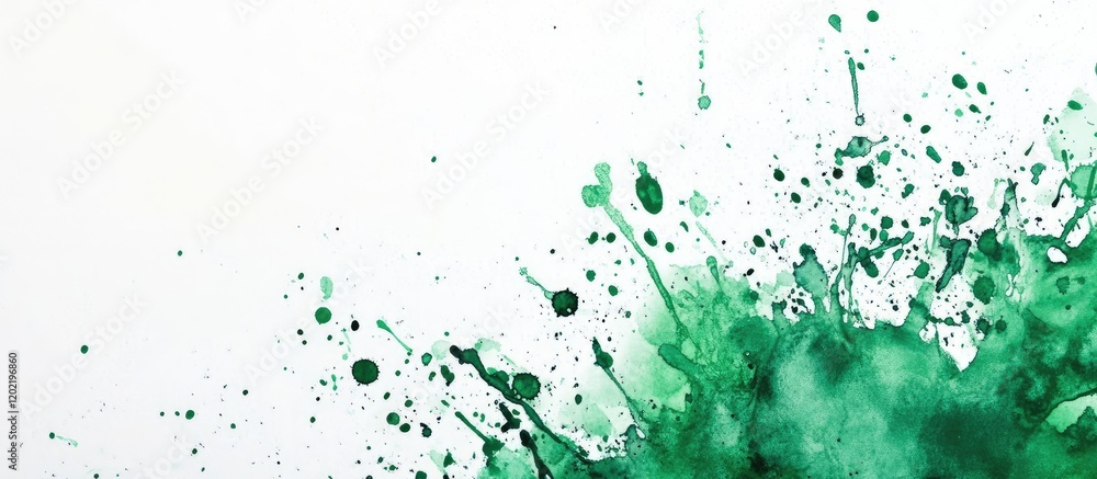 Poster Green paint splash with droplets on a white background creating a dynamic texture and ample Copy Space for text placement.