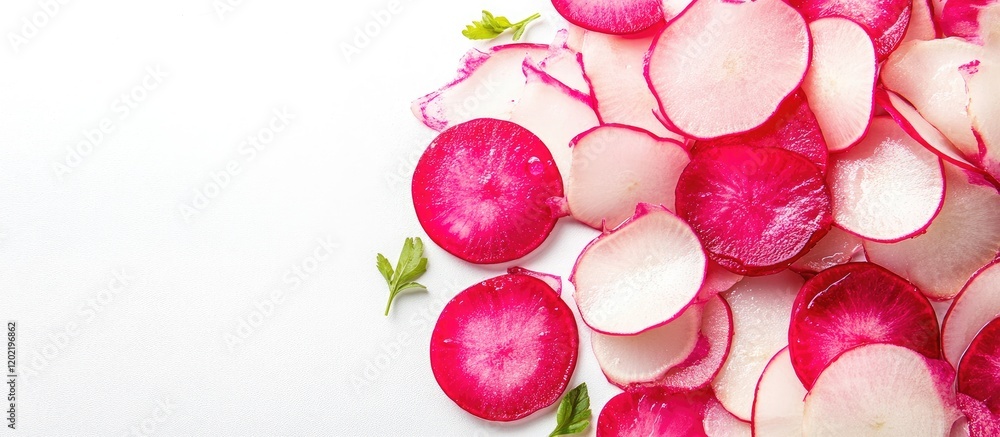Poster Sliced red radishes on white background with green leaves and ample copy space for text insertion